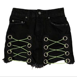 NWOT Carmar Black Denim Skirt with Neon Bungee